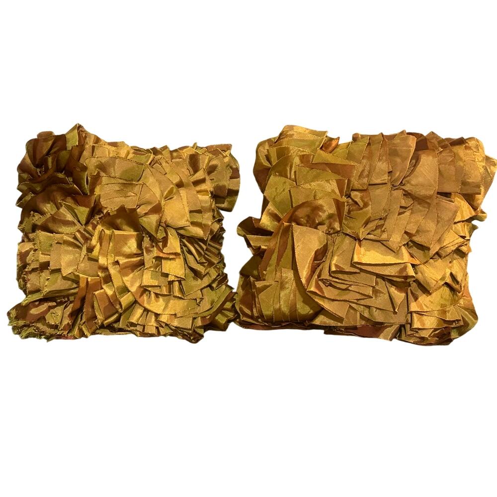 Pier 1 Satin 12" Ruffled Square Gold Iridescent Ruffled Throw Pillows-Set of 2
